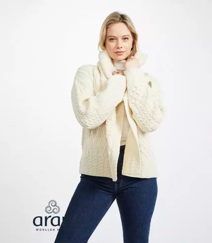 Merino Wool Aran Knit Cream Cardigan