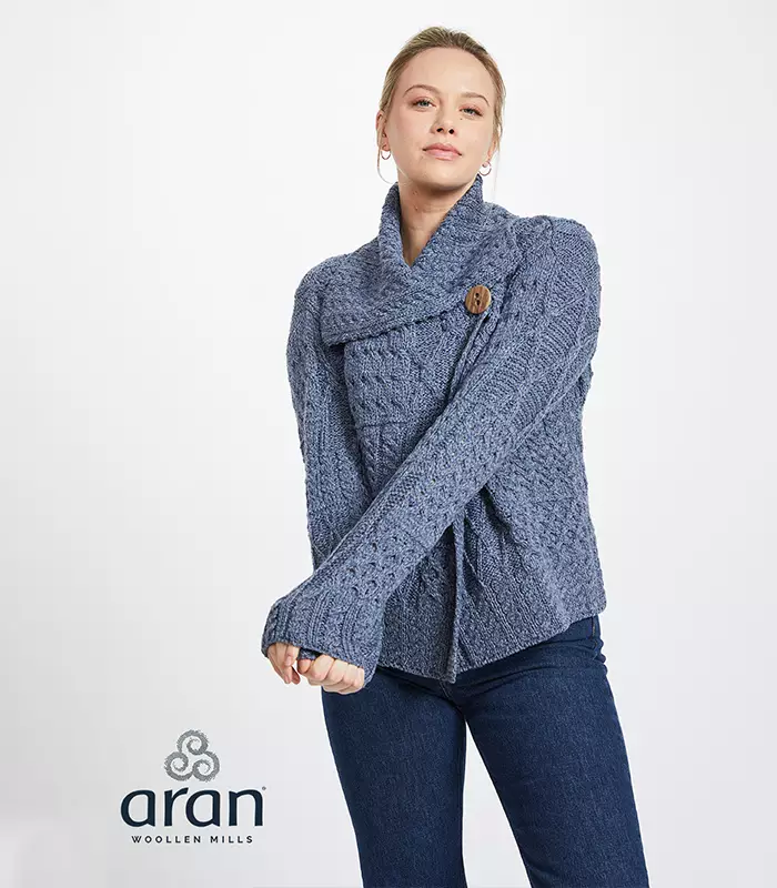 Merino Wool Aran Knit Blue Cardigan