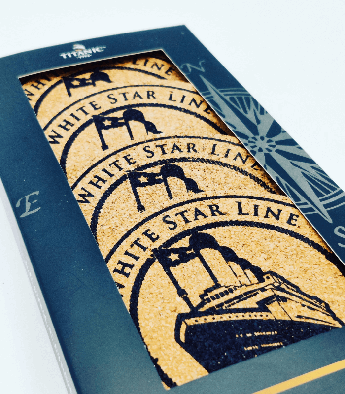 Titanic 4 Cork Coasters featuring White Star Line Logo closed-up