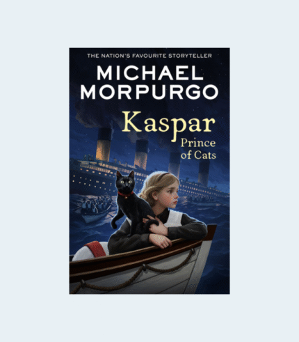 A girl and a black cat named Kaspar, Prince of Cats, sit on a ship deck at night with the Titanic in the background.