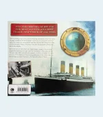 Back cover of Discovering Titanic book features a ship photo, porthole design, and red text describing the quest to uncover the story of the shipwreck.