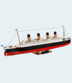 The Titanic 3,260 Piece Building Block Set by Cobi displayed on a stand against a light background.